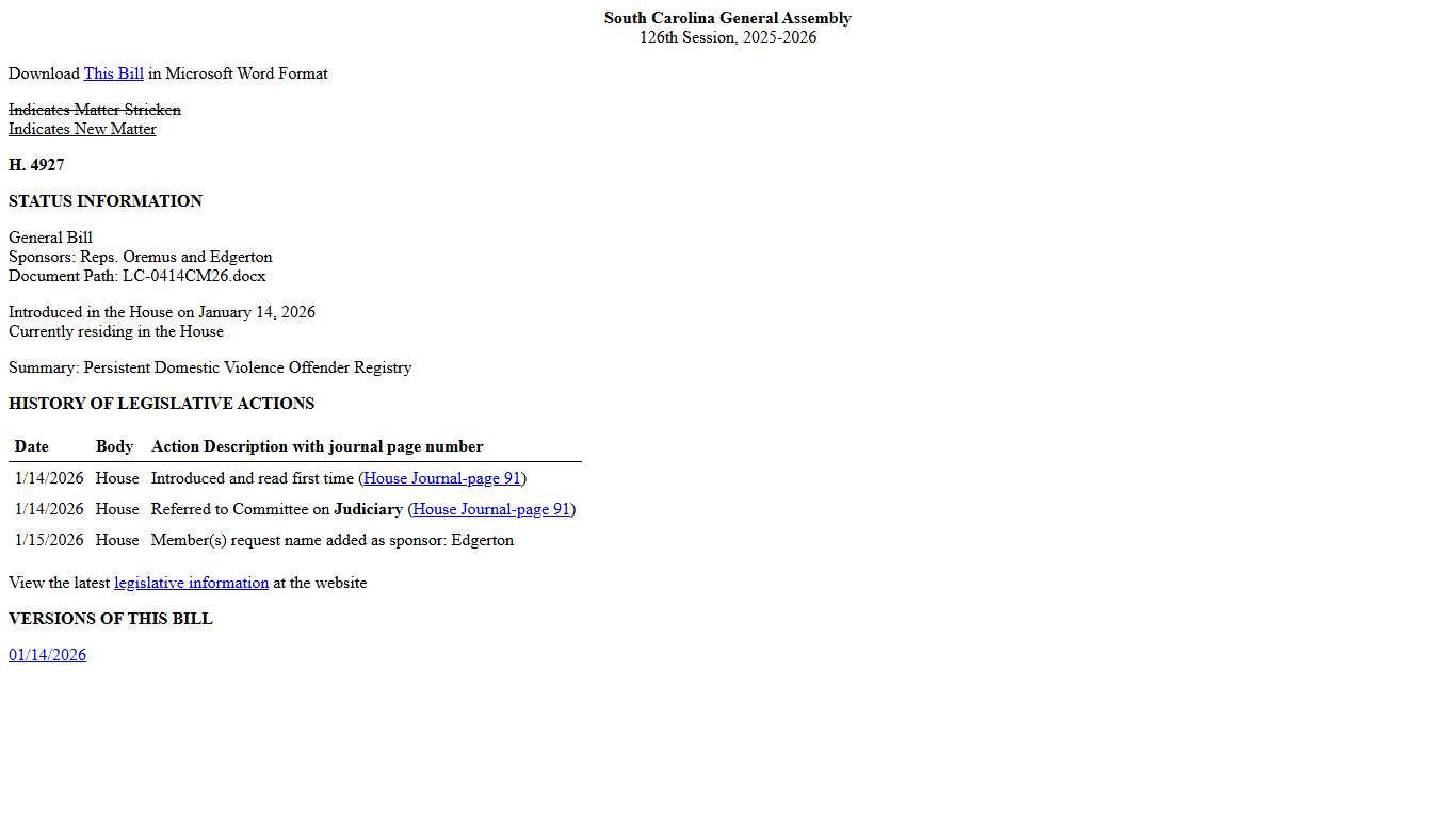 2025-2026 Bill 4927: Persistent Domestic Violence Offender Registry - South Carolina Legislature Online