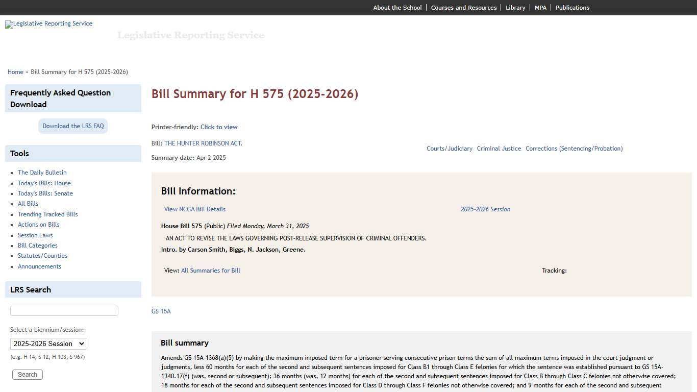 Bill Summary for H 575 (2025-2026) Legislative Reporting Service