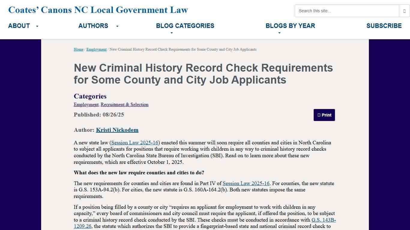 New Criminal History Record Check Requirements for Some County and City Job Applicants - Coates’ Canons NC Local Government Law
