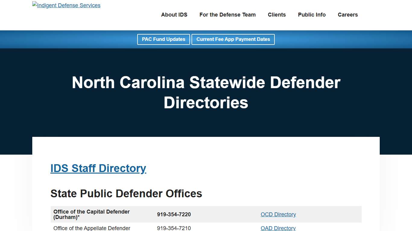 North Carolina Statewide Defender Directories - Indigent Defense Services
